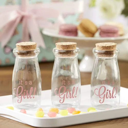 Vista 2 de Kate Aspen Botella de leche vintage impresa de 3.8 onzas - It's a Girl! (juego de 12) gráficos actualizados, It's A Girl Pink 2 (27196NA-GIRL)
