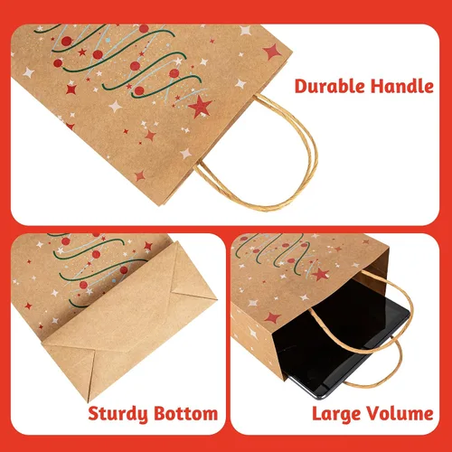 Vista 2 de 24 bolsas de regalo de papel kraft de Navidad con 24 papeles de seda, bolsas de dulces navideños de 7 x 8.6 x 3 pulgadas con asas, bolsas de dulces