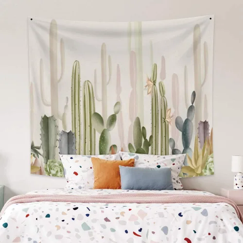 Vista 4 de Haoyiyi Tapiz de cactus de 70.9 x 63 pulgadas para colgar en la pared, plantas silvestres verdes, anime, desierto, fuerte vitalidad, varios cactus