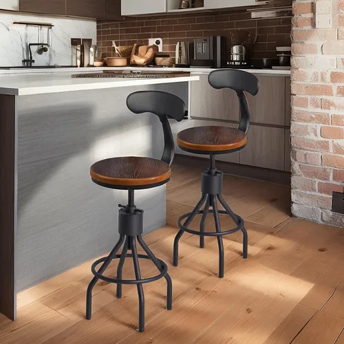 Vista 2 de Juego de 2 taburetes de bar industriales con respaldo de 23 a 33 pulgadas, asiento giratorio de madera, isla de cocina, comedor, taburete
