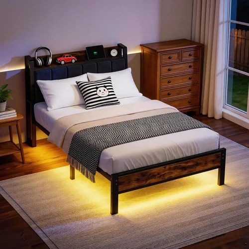 Vista 8 de Liians Base de cama de tamaño individual con cabecera de almacenamiento y estación de carga, luces LED RGB inteligentes, cama de plataforma de metal