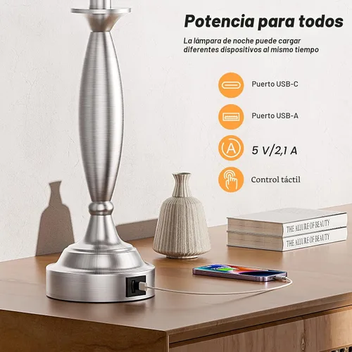 Vista 4 de Lámparas de Mesita de Noche con Control Táctil para Dormitorios con USB C+A, Lámparas de Mesa de Noche Regulables de 3 Niveles con Puerto USB