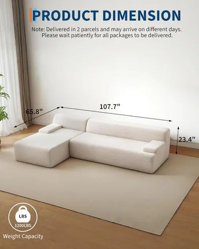 Vista 2 de Sofá deshuesado de 108 pulgadas, sofá seccional beige con diván izquierdo, combinación de diván comprimido al vacío, sofá modular en forma de L
