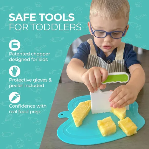 Vista 5 de Tovla Jr. Ultimate Montessori - Juego de regalo de cocina para niños, cuchillo real, picador, guantes de seguridad, pelador, cortadores, tabla