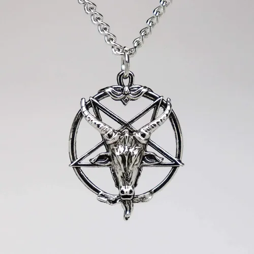 Vista 5 de Real Metal Baphomet - Collar con dije de cabeza de cabra satánica invertida con acabado plateado de una pulgada Metal