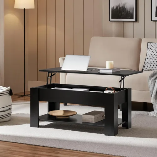 Vista 2 de Yaheetech Mesa de café de madera, mesa de centro con estante de almacenamiento oculto grande, mesa de comedor con superficie elevada para sala