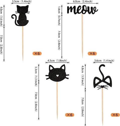 Vista 2 de Paquete de 24 adornos para cupcakes de gato y miau, con purpurina negra, para gatitos, gatos, cupcakes, alimentos, amantes de los gatos, temática