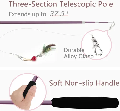 Vista 4 de SONGWAY Cat Teaser Wand Toy – Juego de 10 piezas de juguete de plumas de insectos y gatos con varita retráctil y recambios de plumas con campana