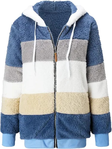 Vista 3 de SNKSDGM Chamarras de invierno para mujer, con cremallera completa, forro polar de piel sintética de oveja, Azul