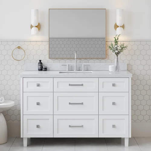 Vista 30 de ARIEL Hamlet - Mueble de baño de 54 pulgadas con fregadero, madera maciza, encimera de mármol italiano de Carrara de 1.5 pulgadas, fregadero