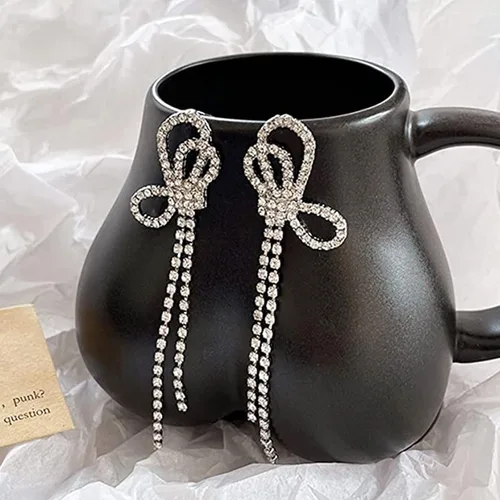 Vista 4 de Aretes de lazo para mujeres, adolescentes y niñas, aretes colgantes de perlas doradas de moda, con lazo, boda, fiesta, accesorio de joyería diaria