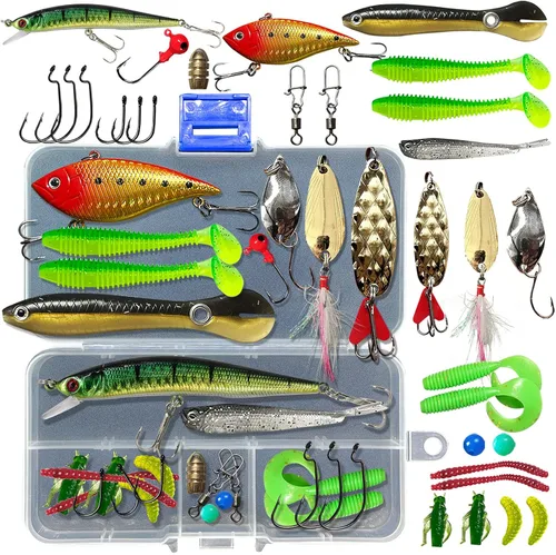 Vista 9 de Kit de señuelos de pesca, incluyendo cebos, anzuelos, palas, lombrices, plomos, ganchos, caja de aparejos y más equipo de pesca para truchas