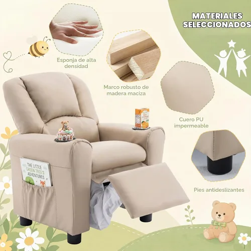 Vista 9 de Silla reclinable de piel sintética para niños, sofá reclinable para niños Beige