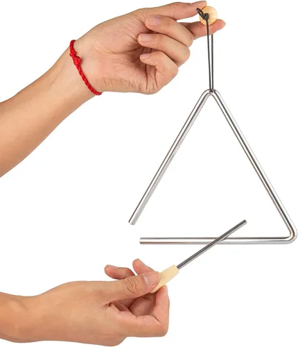 Vista 7 de Musfunny Triángulo de percusión de mano con Striker, instrumento musical de triángulos de acero ritmo (5 pulgadas)