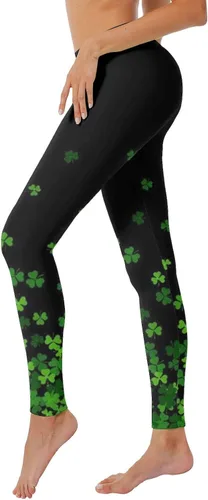 Vista 2 de Leggings de yoga para el día de San Patricio para mujer, leggings de trébol de cintura alta, estampado de trébol de trébol, pantalones de yoga