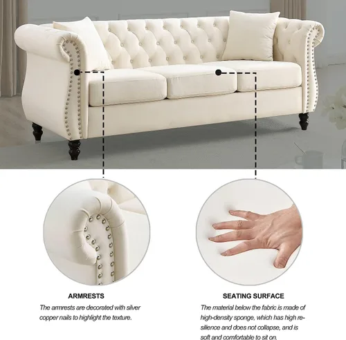 Vista 5 de Sofá Chesterfield de terciopelo beige de 80 pulgadas para sala de estar, 2 piezas, sofá de 3 plazas, con botones copetudos, respaldo curvado, brazos