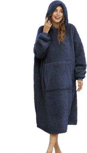 Vista 17 de Manta Sherpa con capucha de gran tamaño, sudadera con capucha y manga larga y bolsillo, color beige