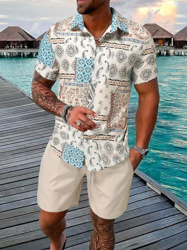 Vista 6 de COZYEASE Conjunto de 2 piezas de camisa y pantalones cortos de manga corta con botones y estampado floral para hombre