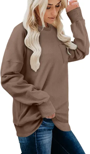 Vista 3 de OFEEFAN - Sudaderas para mujeres, cuello redondo, camisetas tipo túnica de manga larga para otoño para usar con leggings