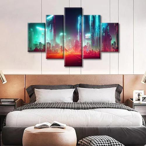 Vista 212 de Cuadros de 5 paneles de Cyberpunk City, arte de pared, representación de vallas publicitarias, edificios modernos en la capital con obras de arte