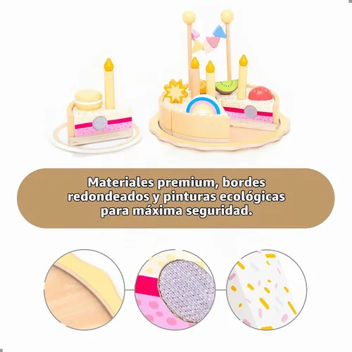 Vista 2 de UMU® Juego de pastel de cumpleaños de madera, juguete de cocina con velas, números, frutas y coberturas, comida de madera para niños de 3, 4, 5