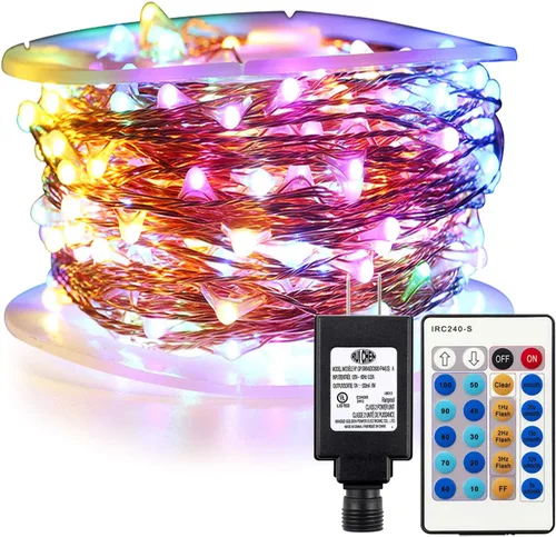 Vista 10 de RUICHEN Guirnalda de luces regulables enchufables de 66 pies, 200 luces LED de alambre de cobre con control remoto, blanco cálido