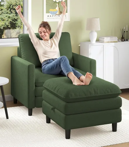 Vista 34 de Welzona Loveseat, 51" Small L Shaped Couch, Comfy Teddy Love Seat with Ottoman Set, Tool-Free Setup Loveseat Sofa with Ottoman, All-Wood Small Sofa