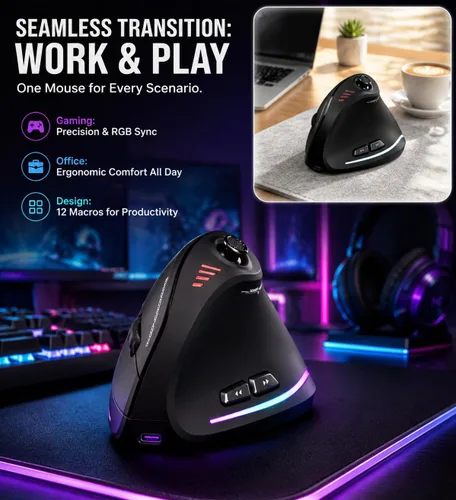 Vista 6 de TKMARS Ratón vertical ergonómico inalámbrico para juegos con joystick, Bluetooth y 2.4G, 12 botones programables, 24000 DPI ajustable, mouse RGB