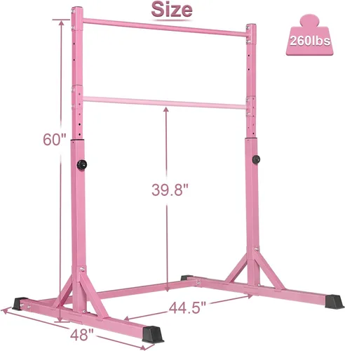 Vista 5 de Bongkim Barra de gimnasia para niños, barras horizontales de gimnasia de altura ajustable, equipo de gimnasia plegable, barra de entrenamiento