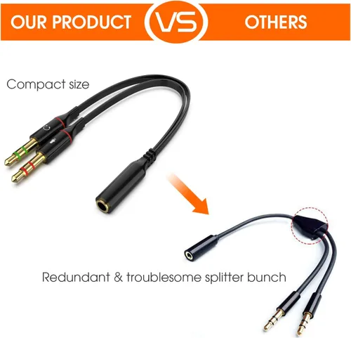 Vista 7 de Audífonos y micrófono Maeline bañado en oro de 3.5 mm hembra a 2 macho y Splitter de cable plano