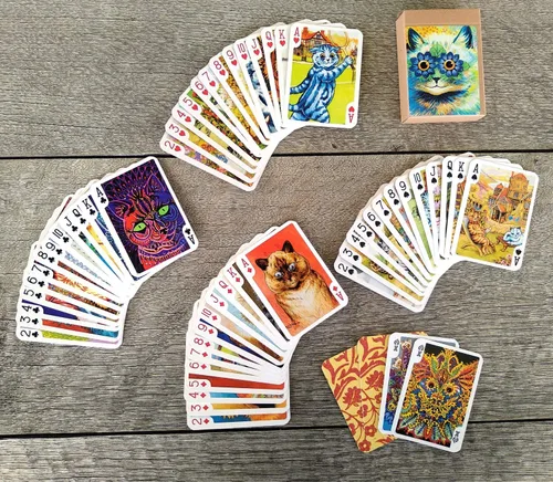 Vista 3 de Cartas de juego de gatos psicodélicos (baraja de póquer, 54 cartas, todas diferentes), arte único de gatos por Louis William Wain Vintage Cards