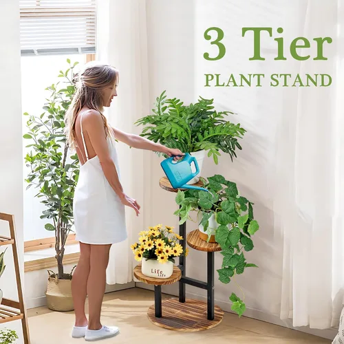 Vista 2 de VECELO Soporte para Plantas de 3 Niveles Interior y Exterior, Estante Alto de Metal y Madera para Flores y Múltiples Plantas, Pequeño Estante