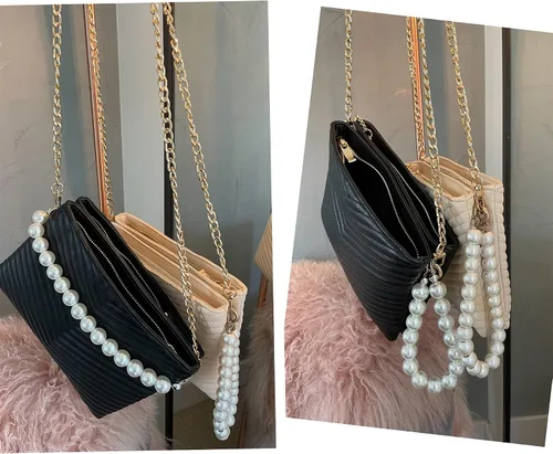Vista 8 de Before Ever Bolsos de mano de pulsera de doble bolsa para mujer bolso de mano grande de noche con cruzado de perlas blancas