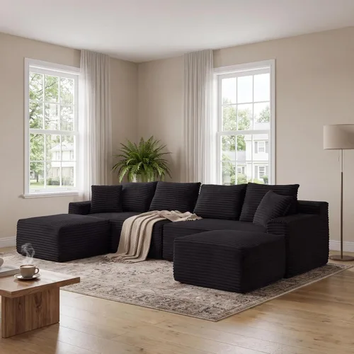 Vista 15 de Sofá seccional de nube en forma de U de 115 pulgadas, sofá modular comprimido sin hueso con diván otomano reversible, sofá simétrico de pana de Gris