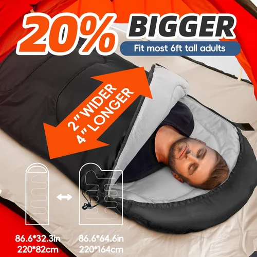 Vista 3 de MEREZA Sacos de Dormir XL para Adultos Clima Frío Saco de Dormir Grande y Ancho para Chicas y Chicos Grandes y Altos con Bolsa de Compresión