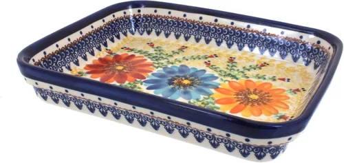 Vista 12 de Blue Rose Polish Pottery - Molde rectangular pequeño Orange Ashley - 10.25" x 8" - Utensilios para hornear únicos, aptos para lavavajillas
