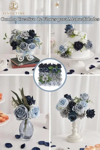 Vista 6 de TINGE TIME - Flores artificiales, 25 piezas, rosas azules degradado de aspecto real con tallo para manualidades, ramos de novia, centros de mesa