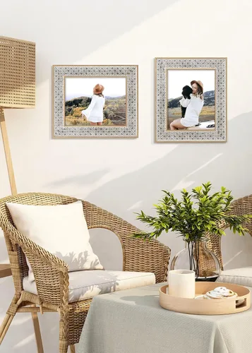 Vista 7 de Afuly Marcos de fotos de 8 x 10 pulgadas, estilo bohemio, estilo marroquí, estilo desgastado y elegante, roble 3D, patrón de cruz 3D, marco de fotos