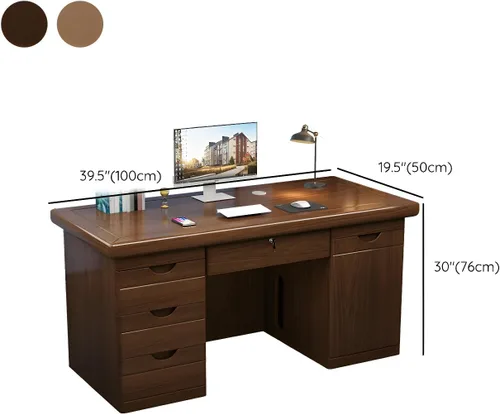 Vista 2 de Escritorio de oficina de madera, moderno de mediados de siglo con forma rectangular con gestión de cables, archivador y cajones