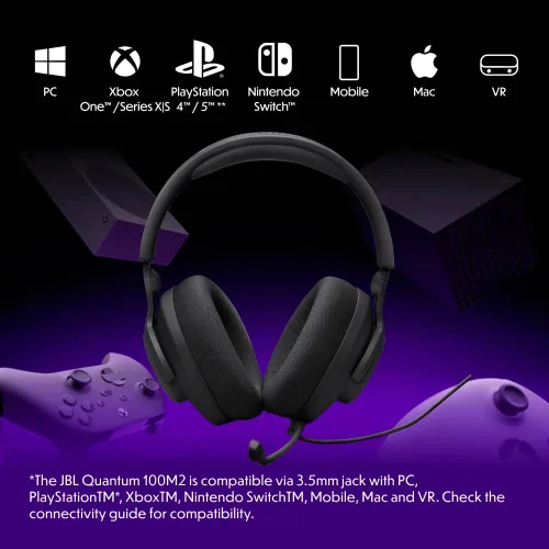 Vista 2 de JBL Quantum 100M2 - Auriculares con cable para juegos con micrófono omnidireccional, desmontable con opción de silencio y almohadillas de espuma