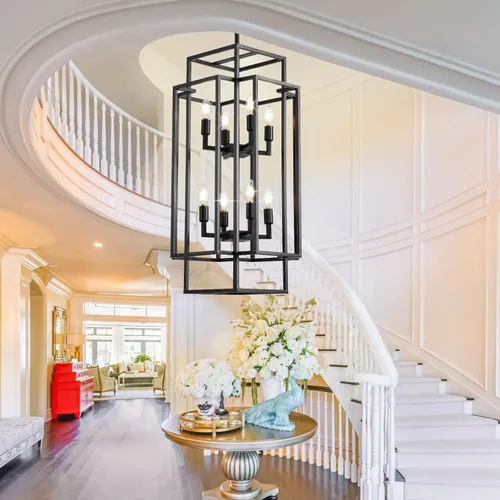 Vista 6 de Candelabro Negro de Granja, Candelabros Grandes para Techos Altos, Lámpara Colgante de Linterna Escalonada de 8 Luces, Accesorios de Iluminación