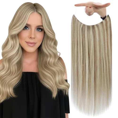 Vista 32 de Fshine - Extensiones de cabello con hilo invisible de 12 pulgadas, color rubio ceniza con reflejos de rubio decolorado, pieza de cabello humano real