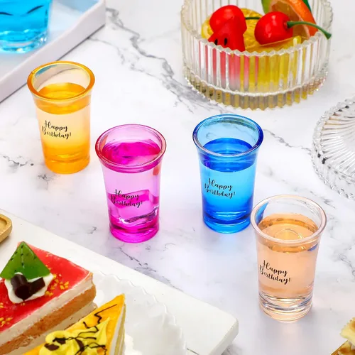 Vista 4 de Hosuly 24 vasos de chupito de feliz cumpleaños a granel de 1.2 onzas divertidas tazas de acrílico colorido para mujeres, hombres y adultos