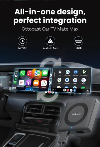 Vista 2 de OTTOCAST 4 en 1 Car TV Mate Max y adaptador inalámbrico Carplay/Android Auto Adaptador de coche HDMI, iPhone y Android, viendo películas
