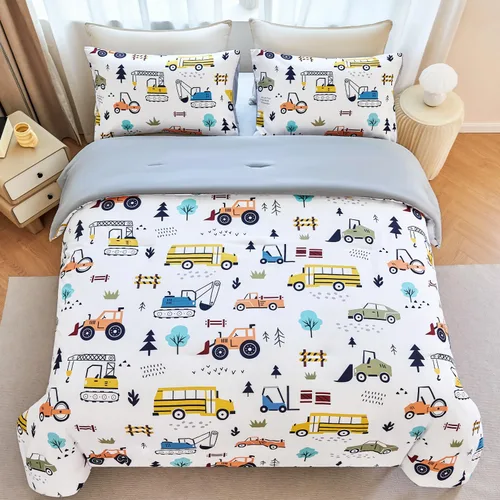 Vista 3 de WINLIFE Juego de edredón de construcción para niños, tamaño individual Coche de construcción
