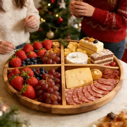 Vista 2 de Utoplike Gran acacia Lazy Susan para mesa, bandeja redonda giratoria para servir, tabla de charcutería de madera de 17.7 pulgadas con borde elevado