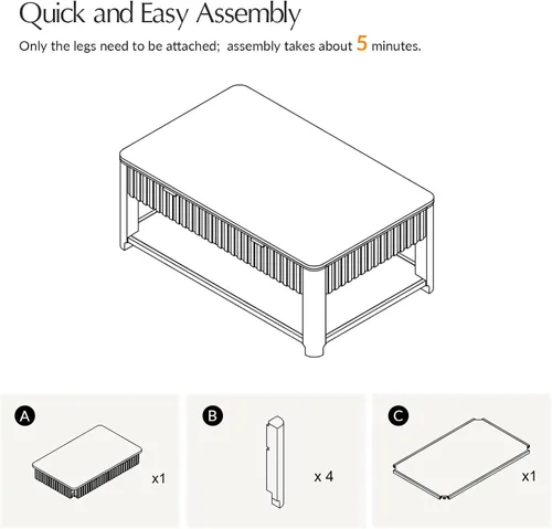 Vista 6 de HULALA HOME Mesa de centro moderna acanalada con almacenamiento, mesa de centro de chapa de roble de madera con mesa ancha, 2 cajones y estante Nogal