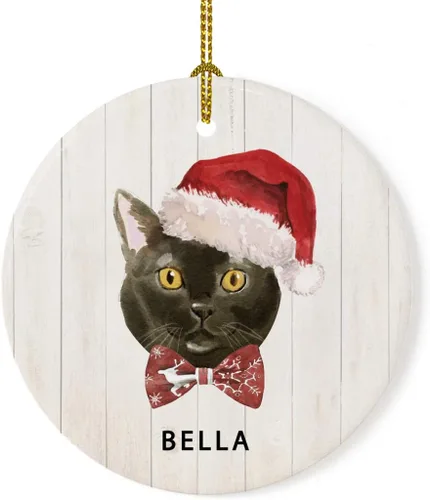Vista 14 de Andaz Press Adorno redondo personalizado de cerámica para árbol de Navidad, abisinio, corona de acebo, sombrero de Papá Noel, con gráfico de gato