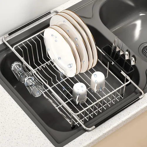 Vista 10 de Estante de secado de platos expandible sobre el fregadero en acero inoxidable para cocina pequeña, escurridor de platos moderno y compacto de metal
