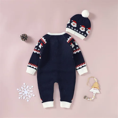 Vista 3 de Mameluco de Navidad con estampado de muñeco de nieve para niños pequeños y niñas para bebés simples azul 6-9 meses
